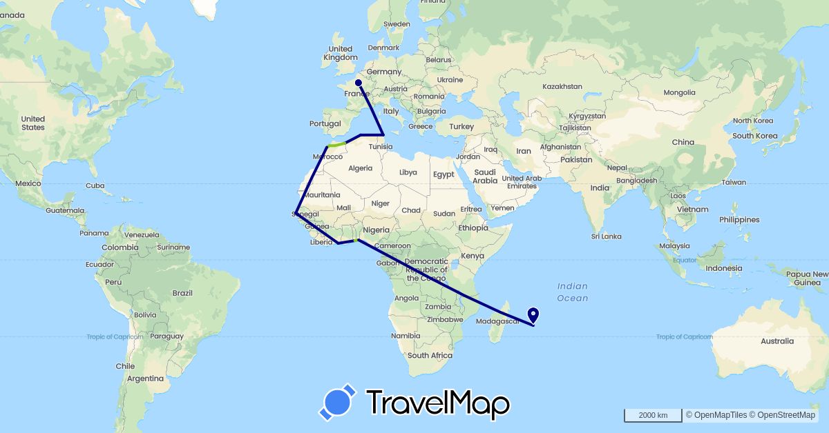 TravelMap itinerary: driving, electric vehicle in Benin, Côte d'Ivoire, Algeria, France, Morocco, Mauritius, Senegal, Togo, Tunisia (Africa, Europe)